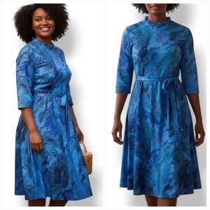 Vintage 50s 60s Mynette Marbled A-line Knee Length Dress with Tie Belt Size 18